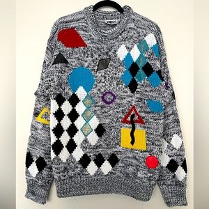 Vintage FAX Rare Geometric Multicolored Knit Sweater Mens Size L “ FLAWED”